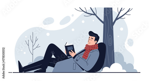 Peaceful Moment: A Man Enjoys Reading Under a Tree in Winter with Snowfalling Slowly