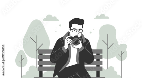 Photographer Capturing Moment Sitting On Park Bench Surrounded By Nature, Vector Illustration