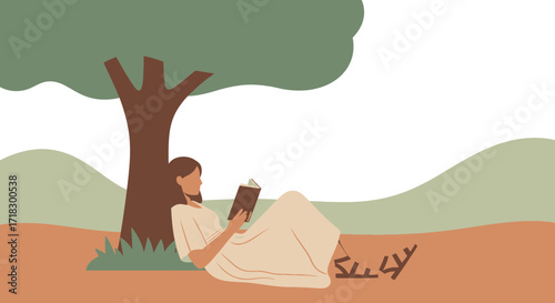 Peaceful Moment: A Woman Reading Under A Tree, Relaxing in Nature with a Book