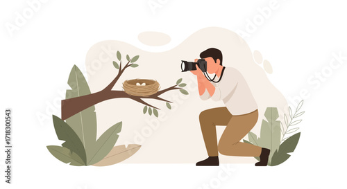 Photographer Capturing Nature's Beauty Focusing On Nest And Capturing Birds