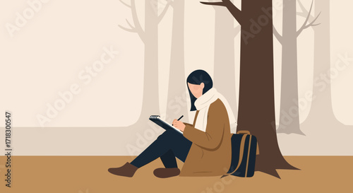 Peaceful Moment Underneath A Tree: Illustration Of Girl Sketching In Nature Setting