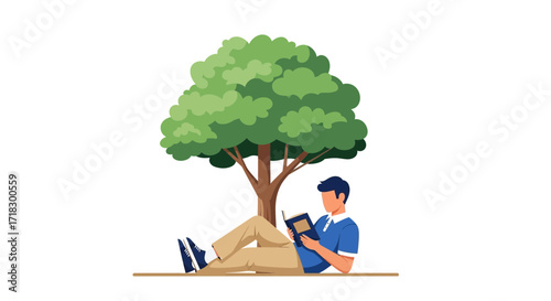 Peaceful Moment: Man Relaxing Under a Tree, Absorbed in Reading His Favorite Book