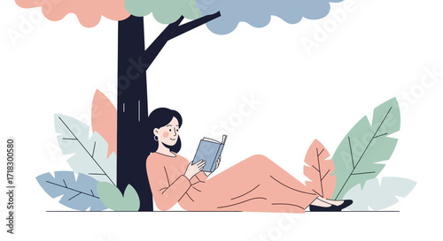 Peaceful Moment: Woman Reclining And Reading A Book Under A Shady Tree