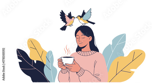 Peaceful Moment: Woman Enjoying Coffee and Embracing Nature's Delicate Serenity