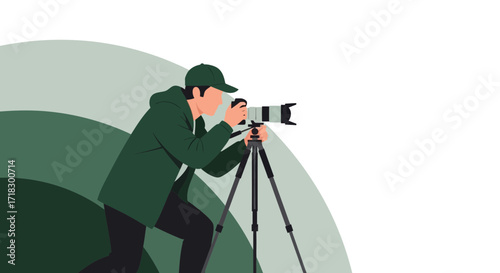 Photographer Capturing Shots Outdoors, Working with Camera and Tripod, Photography Concept