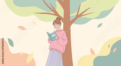 Peaceful Reading Under The Tree: A Serene Illustration in Gentle Pastel Tones
