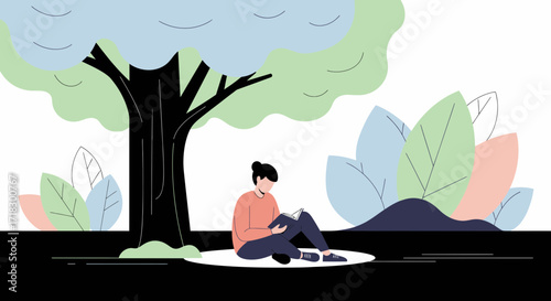 Peaceful Scene Of A Figure Reading Under The Shade Of A Verdant Tree