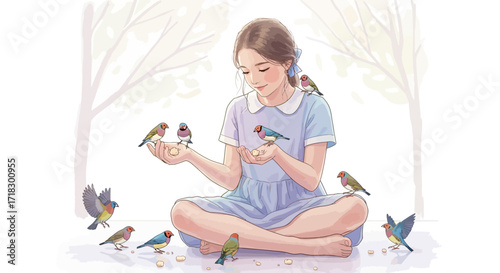 Peaceful Young Woman Interacts With Birds in a Serene, Nature-Filled Scene