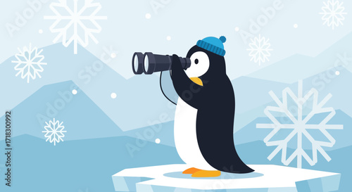 Penguin Observes The Vista With Binoculars On A Snowy Winter Landscape