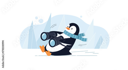 Penguin Observing The Horizon With Binoculars In A Frozen Wilderness Illustration