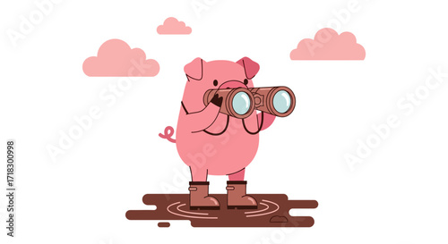 Piglet Observes the World, Symbolizing Adventure and Exploration Using Elegant Binoculars