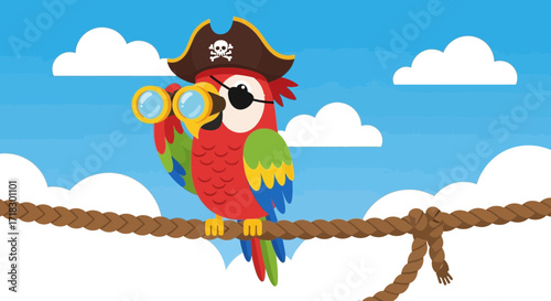 Pirate Parrot Observes With Binoculars Amongst Clouds And Sky, Cartoon Illustration Available