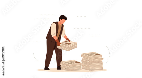 Person Arranging Stacks Of Newspapers, Illustration Depicting Journalism And Communication