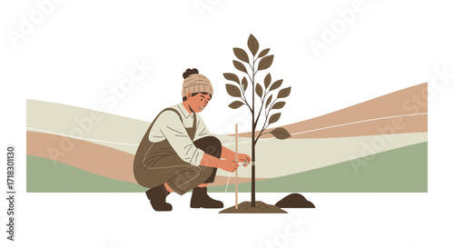 Person Carefully Planting Young Trees in a Field to Promote Green Spaces