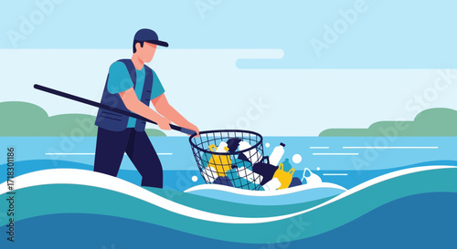 Person Cleaning Debris From Water Body Saving The Environment From Pollution Problem