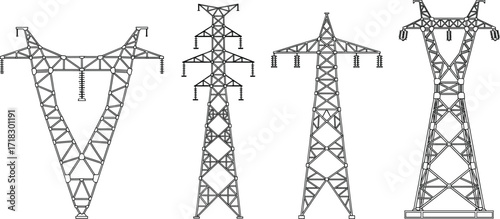 High-voltage transmission towers, power pylons, electrical grid, infrastructure design, engineering illustration, energy network, utility structure, technical drawing