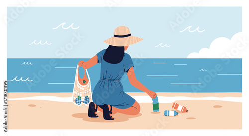 Person Cleaning Beach, Protecting The Environment, Collecting Waste, Sustainable Action