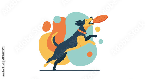 Playful Canine Reaching for Frisbee Against Vibrant Abstract Background Vector Illustration