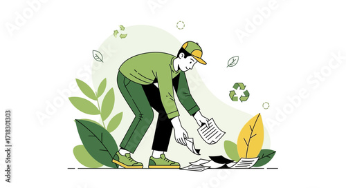 Person Collecting Paper for Recycling in an Eco-Friendly Setting with Leaves and Symbols