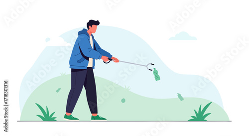 Person Collecting Litter With A Grabber Tool In A Nature Conservation Illustration