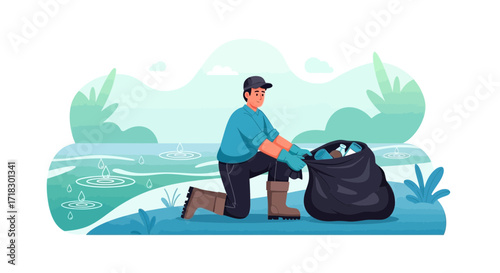 Person Collecting Trash Concept Illustrating Ecological Effort And Environmental Responsibility