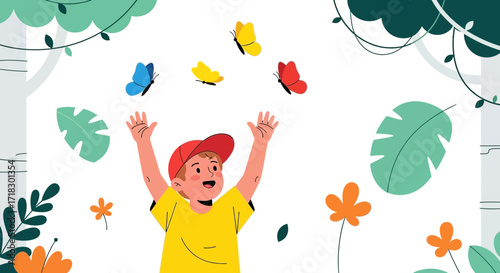 Playful Child Embraces Fluttering Butterflies in a Whimsical and Vibrant Garden Setting