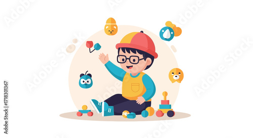 Playful Child Exploring Toys: An Animated Illustration of Joyful Childhood Moments