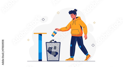 Person Disposing Of Cup in Trash, Promoting Cleanliness and Proper Waste Disposal