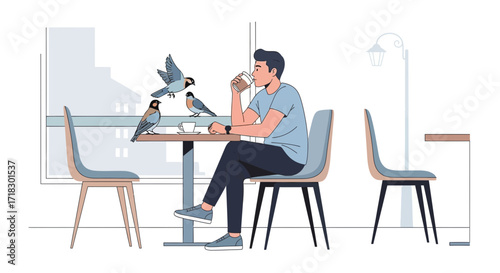 Person Drinks, Birds Nearby, Cafeteria Setting, Daily Moments, Window View, Leisure Time