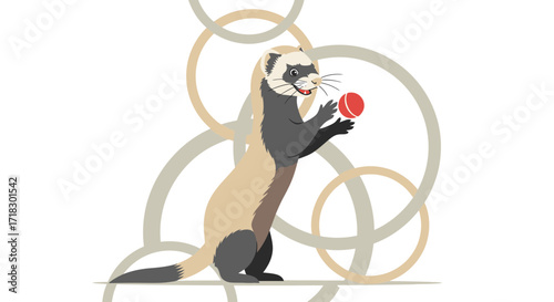 Playful Ferret Balancing A Red Ball In A Modern Illustrative Circular Composition