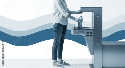 Person Filling Water Bottle At Modern Water Fountain, Promoting Hydration And Wellness