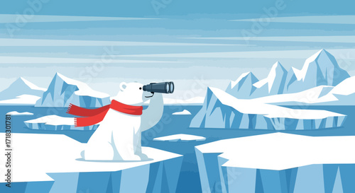 Polar Bear Observes Iceberg Landscape Through Binoculars, Seeking Adventure, Exploration