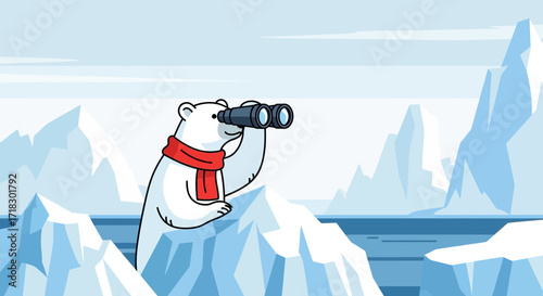 Polar Bear Surveys Arctic Wilderness With Binoculars Observing The Distant Horizon