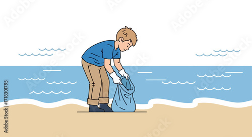 Person Gathering Trash On Beach Illustrating Environmental Responsibility And Preservation