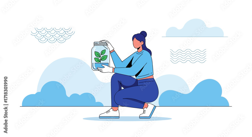 Obraz premium Protecting Earth: Woman Crouching Holding a Jar with Green Plant Inside and Clouds