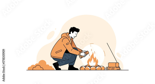 Person Initiating Campfire in a Warm Color Palette and Minimalist Style Illustration