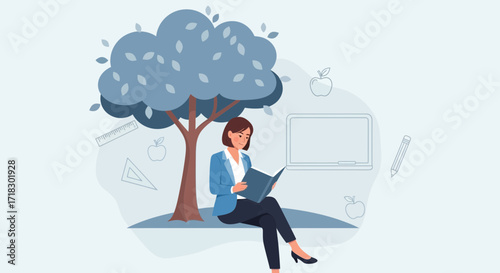 Professional Reading Underneath a Shady Tree Surrounded By Academic Symbols