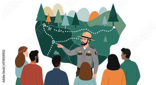 Presentation On Topographical Map With Ranger And Tourists, Outdoor Adventure
