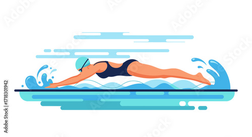Professional Swimmer Racing Through Water With Stylish, Modern, And Simplified Blue Art