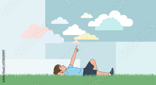 Person Lying in Grass Pointing to The Sky Contemplating Thoughts With Clouds Above