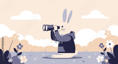 Rabbit Observes The Flora: A Conceptual Illustration Depicting Curiosity With A Floral Backdrop