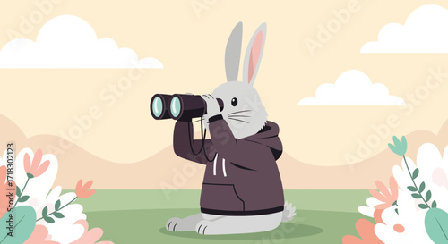 Rabbit In Hoodie Observes With Binoculars On A Beautiful Day In The Meadow