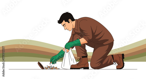 Person Picking Up Trash, Collecting Cigarette Butts, Promoting Environmental Cleanliness