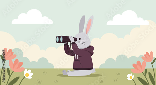 Rabbit Observing With Binoculars In A Serene And Peaceful Springtime Landscape