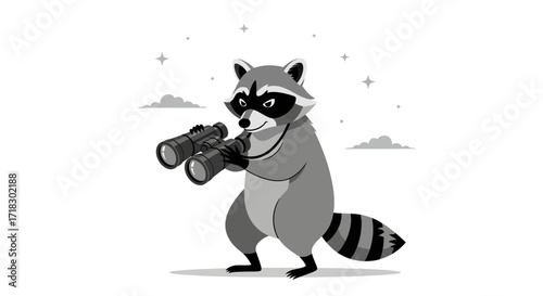 Raccoon Observing The Stars With Binoculars, Illustration In Black And White Style