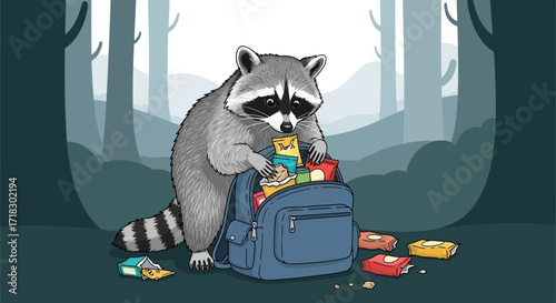 Raccoon Exploring Backpack Among Forest in Search of Delicious Food and Snacks