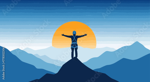 Reaching The Summit: A Silhouette Climber Enjoying The Mountain Vista At Sunset