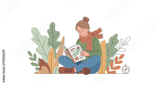 Reading And Planning A Trip, Illustration Of A Woman Enjoying Adventure With A Compass