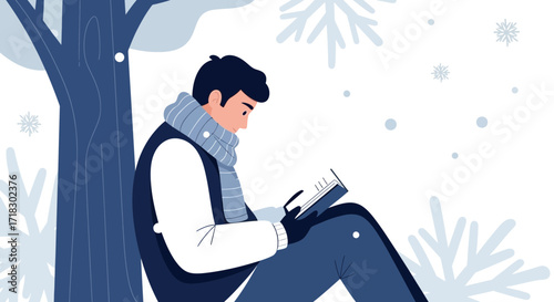 Reading Under Snowfall: A Serene Winter Moment Depicted With A Cozy Touch
