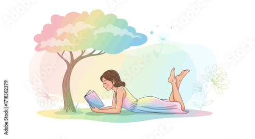 Reading Under Rainbow Tree Amidst Serene Garden Dreams With Colorful, Soft Hues